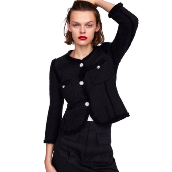ZARA Black Tweed Jacket with Crystal Buttons - Picture 1 of 8